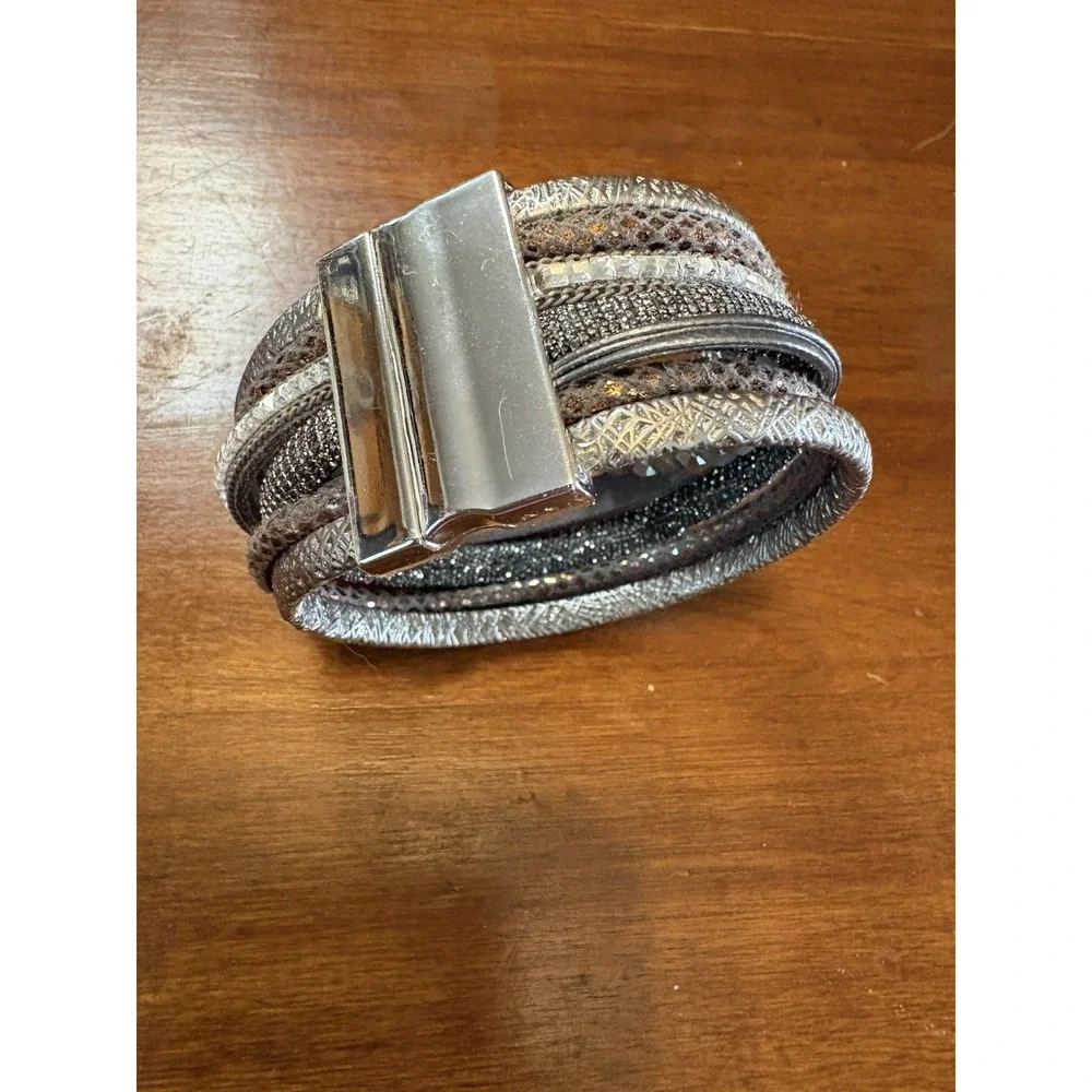 Donna's Curated Silver Drift Multi Strand Magnetic Wrap Bracelet Gray Crystal